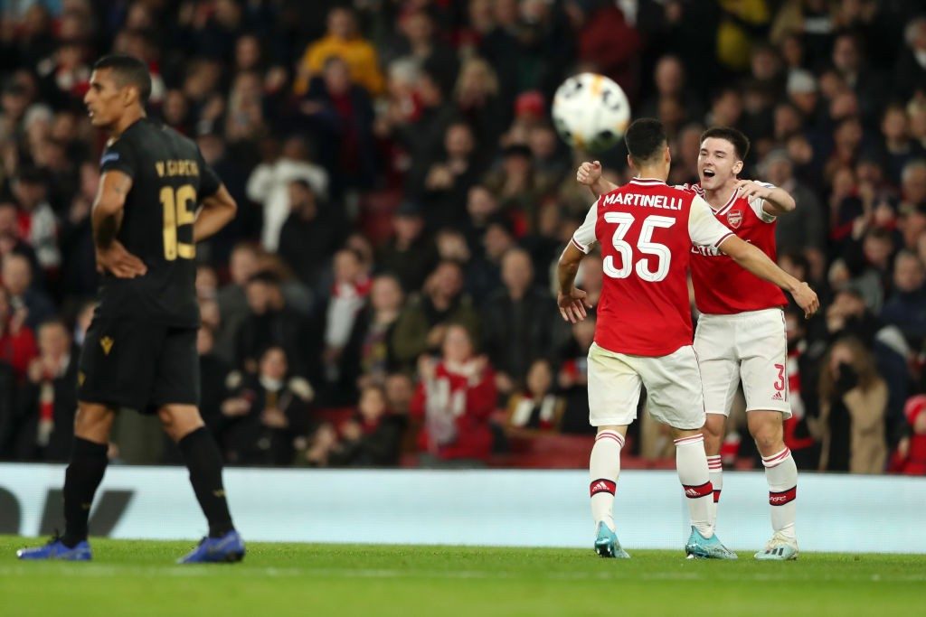 LONDON, ENGLAND - OCTOBER 24: Gabriel Martinelli of Arsenal celebrates with Kieran Tierney after scoring his team's first goal during the UEFA Europa League group F match between Arsenal FC and Vitoria Guimaraes at Emirates Stadium on October 24, 2019, in London, United Kingdom. (Photo by Naomi Baker/Getty Images)
