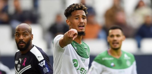 Saint-Etienne's French defender William Saliba gestures during the French L1 football match between Bordeaux and Saint-Etienne (ASSE) on October 20, 2019, at the Matmut Atlantique stadium in Bordeaux, southwestern France. (Photo by NICOLAS TUCAT / AFP / Getty Images)