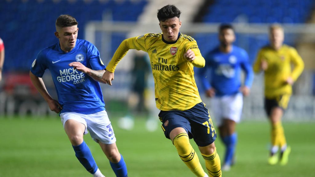 PETERBOROUGH, ENGLAND - OCTOBER 01: Sam Greenwood of Arsenal during the Leasing.com Cup match between Peterborough United and Arsenal U21 at Weston Homes Stadium on October 01, 2019, in Peterborough, England. (Photo by David Price/Arsenal FC via Getty Images)