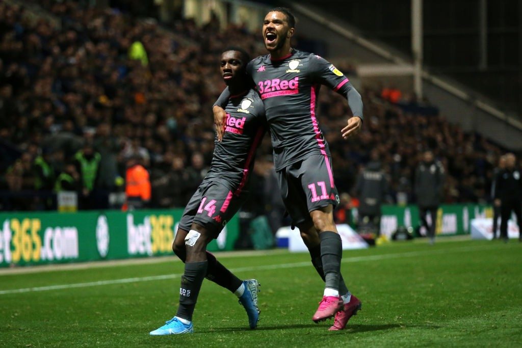 PRESTON, ENGLAND - OCTOBER 22: Eddie Nketiah of Leeds United celebrates scoring his sides first goal during the Sky Bet Championship match between Preston North End and Leeds United at Deepdale on October 22, 2019, in Preston, England. (Photo by Lewis Storey/Getty Images)