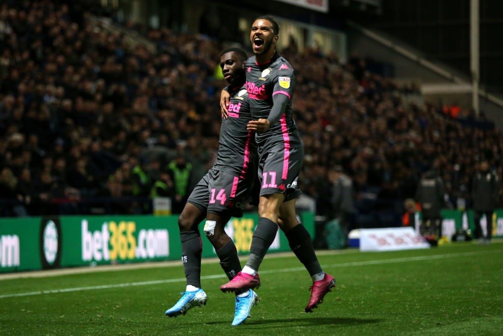 PRESTON, ENGLAND - OCTOBER 22: Eddie Nketiah of Leeds United celebrates scoring his sides first goal during the Sky Bet Championship match between Preston North End and Leeds United at Deepdale on October 22, 2019, in Preston, England. (Photo by Lewis Storey/Getty Images)