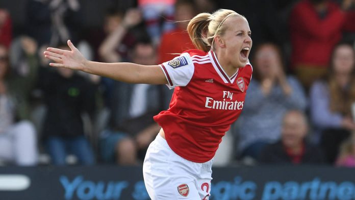 BOREHAMWOOD, ENGLAND - SEPTEMBER 08: Beth Mead celebrates scoring Arsenal's 1st goal during the WSL match between Arsenal Women and West Ham United Women at Meadow Park on September 08, 2019 in Borehamwood, England. (Photo by David Price/Arsenal FC via Getty Images)