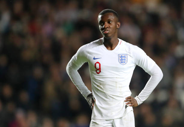 MILTON KEYNES, ENGLAND - OCTOBER 15: Eddie Nketiah of England reacts during the UEFA Under 21 Championship Qualifier between England and Austria at Stadium MK on October 15, 2019 in Milton Keynes, England. (Photo by James Chance/Getty Images)