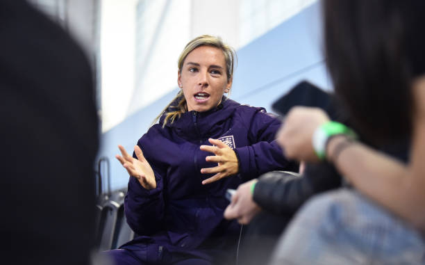 BURTON-UPON-TRENT, ENGLAND - OCTOBER 02: Jordan Nobbs of England talks to the press during the England Women's Senior Team Media Day at St Georges Park on October 02, 2019 in Burton-upon-Trent, England. (Photo by Nathan Stirk/Getty Images)