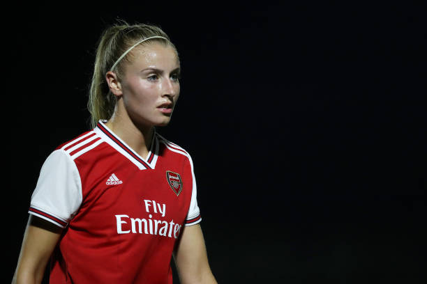 BOREHAMWOOD, ENGLAND - AUGUST 14: Leah Williamson of Arsenal looks on during the Pre Season Friendly match between Arsenal and Barcelona at Meadow Park on August 14, 2019 in Borehamwood, England. (Photo by Naomi Baker/Getty Images)