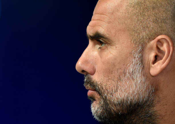 MANCHESTER, ENGLAND - SEPTEMBER 30: Pep Guardiola, Manager of Manchester City speaks with the media during a Press Conference at The Academy Stadium on September 30, 2019 in Manchester, England. (Photo by Nathan Stirk/Getty Images)