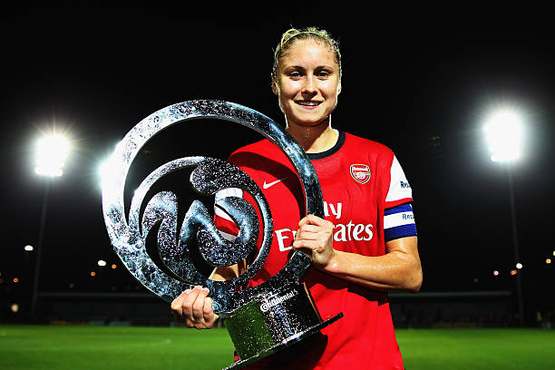 BARNET, ENGLAND - OCTOBER 04: Arsenal Ladies Captain Steph Houghton poses with the trophy after winning the FA WSL Continental Cup Final between Arsenal Ladies and Lincoln Ladies at The Hive on October 4, 2013 in Barnet, England. (Photo by Bryn Lennon/Getty Images)