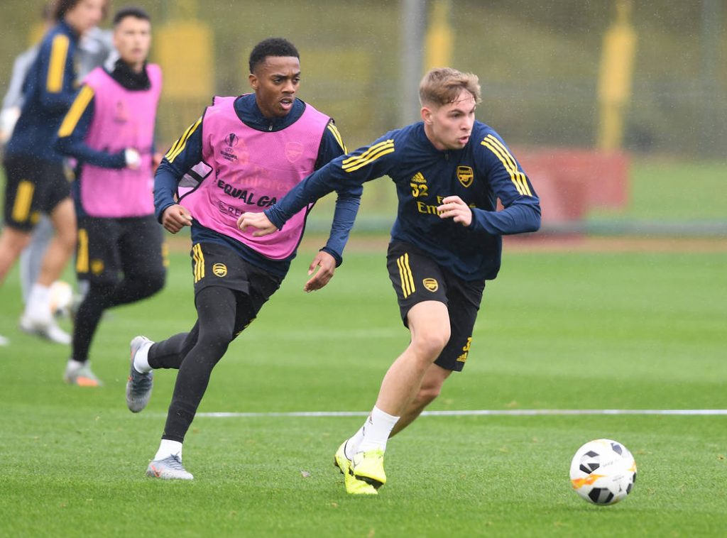 ST ALBANS, ENGLAND - NOVEMBER 05: Emile Smith Rowe of Arsenal during a training session at London Colney on November 05, 2019, in St Albans, England. (Photo by Stuart MacFarlane/Arsenal FC via Getty Images)