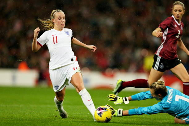 LONDON, ENGLAND - NOVEMBER 09: Beth Mead of England is taken down in the penalty area by Merle Frohms of Germany to win a penalty during the International Friendly between England Women and Germany Women at Wembley Stadium on November 09, 2019 in London, England. (Photo by Paul Harding/Getty Images)