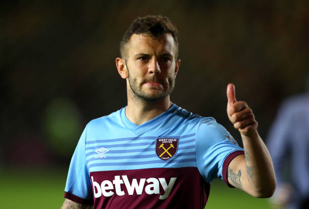 NEWPORT, WALES - AUGUST 27: Jack Wilshere of West Ham United acknowledges the fans after the Carabao Cup Second Round match between Newport County and West Ham United at Rodney Parade on August 27, 2019 in Newport, Wales. (Photo by Catherine Ivill/Getty Images)