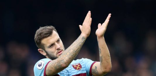 LIVERPOOL, ENGLAND - OCTOBER 19: Jack Wilshere of West Ham United shows appreciation to fans after the Premier League match between Everton FC and West Ham United at Goodison Park on October 19, 2019 in Liverpool, United Kingdom. (Photo by Ian MacNicol/Getty Images)