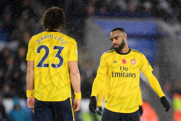 LEICESTER, ENGLAND - NOVEMBER 09: Alexandre Lacazette of Arsenal reacts during the Premier League match between Leicester City and Arsenal FC at The King Power Stadium on November 09, 2019 in Leicester, United Kingdom. (Photo by Michael Regan/Getty Images)