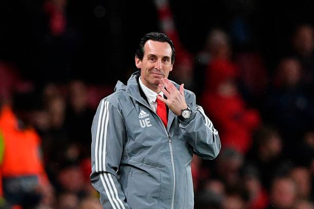 Arsenal's Spanish head coach Unai Emery gestures on the touchline during their UEFA Europa league Group F football match between Arsenal and Eintracht Frankfurt at the Emirates stadium in London on November 28, 2019. - Unai Emery's troubled tenure at Arsenal ended with him being sacked on November 29, 2019 less than two years after being appointed with the club on their worst run since 1992 having failed to win for seven matches. (Photo by DANIEL LEAL-OLIVAS / AFP) (Photo by DANIEL LEAL-OLIVAS/AFP via Getty Images)