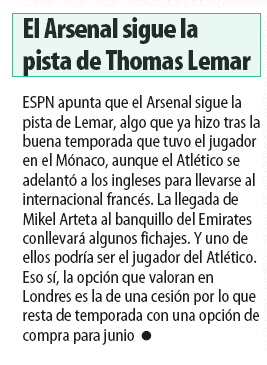 The Arsenal follows the trail of Thomas Lemar - Mundo Deportivo, 28 December 2019