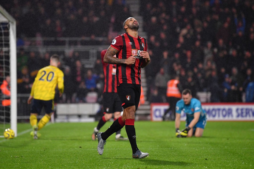 BOURNEMOUTH, ENGLAND - DECEMBER 26: Callum Wilson of AFC Bournemouth reacts after scoring a goal past Bernd Leno of Arsenal which is later ruled off for offside during the Premier League match between AFC Bournemouth and Arsenal FC at Vitality Stadium on December 26, 2019, in Bournemouth, United Kingdom. (Photo by Dan Mullan/Getty Images)