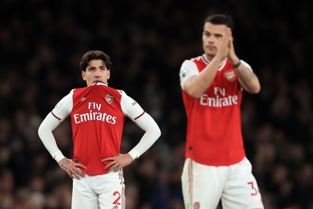 LONDON, ENGLAND - DECEMBER 05: A dejected Hector Bellerin and Granit Xhaka of Arsenal during the Premier League match between Arsenal FC and Brighton & Hove Albion at Emirates Stadium on December 5, 2019, in London, United Kingdom. (Photo by Marc Atkins/Getty Images)