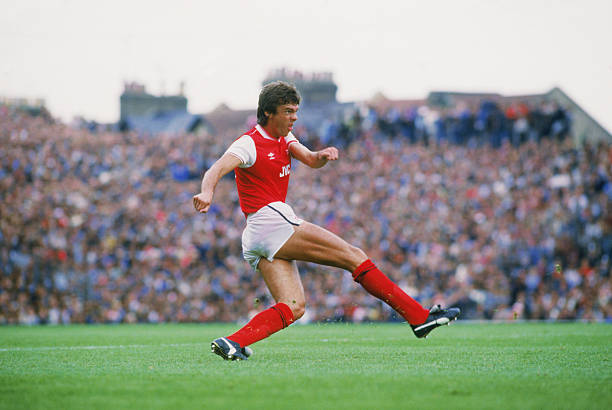 Arsenal defender David O'Leary in action during a Canon League game against Liverpool at Highbury, London, 8th September 1984. Arsenal won the match 3-1. (Photo by Getty Images)