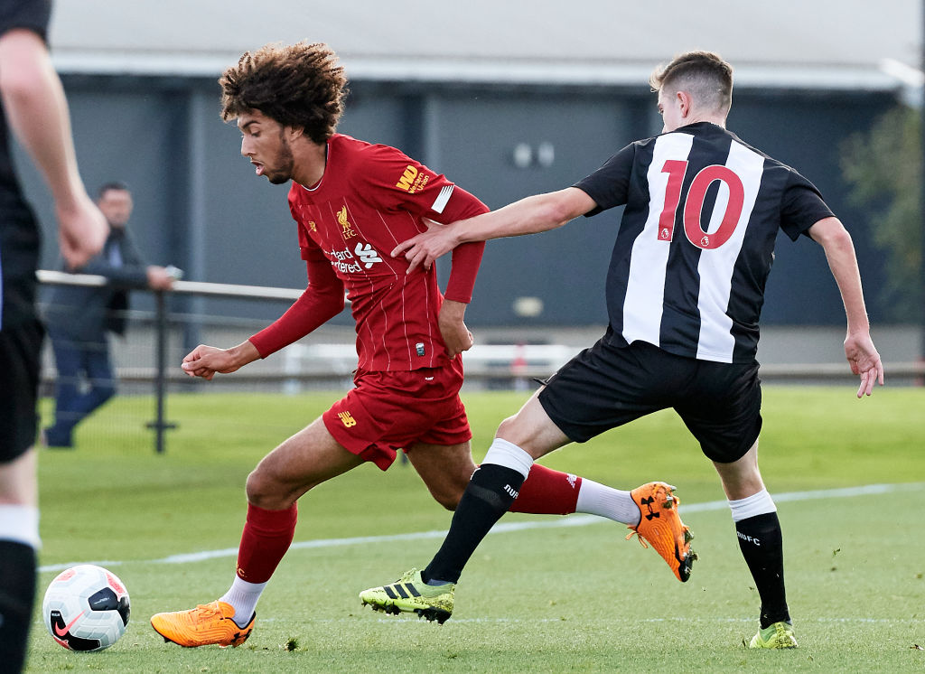 KIRKBY, ENGLAND - OCTOBER 19: Remi Savage of Liverpool and Stan Flaherty of Newcastle United in action during the U18 Premier League game at The Kirkby Academy on October 19, 2019 in Kirkby, England. (Photo by Nick Taylor/Liverpool FC/Liverpool FC via Getty Images)