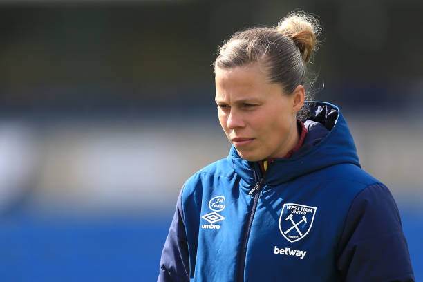 HIGH WYCOMBE, ENGLAND - APRIL 14: Gilly Flaherty of West Ham Ladies takes a look at the pitch prior to the Women's FA Cup Semi Final match between Reading Women and West Ham United Ladies at Adams Park on April 14, 2019 in High Wycombe, England. (Photo by James Chance/Getty Images)