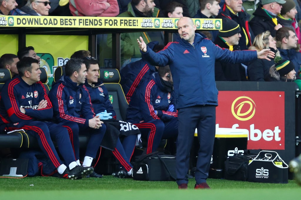 NORWICH, ENGLAND - DECEMBER 01: Interim Manager of Arsenal, Freddie Ljungberg looks on during the Premier League match between Norwich City and Arsenal FC at Carrow Road on December 01, 2019, in Norwich, United Kingdom. (Photo by Julian Finney/Getty Images)