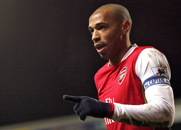 Blackburn, UNITED KINGDOM: Arsenal's Thierry Henry gestures after scoring during their English Premiership football match against Blackburn Rovers 13 January 2007 at Ewood Park, Blackburn, North-west England. AFP PHOTO/ANDREW YATES Mobile and website use of domestic English football pictures subject to subscription of a license with Football Association Premier League (FAPL) tel : +44 207 298 1656. For newspapers where the football content of the printed and electronic versions are identical, no licence is necessary. (Photo credit should read ANDREW YATES/AFP via Getty Images)