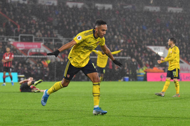 BOURNEMOUTH, ENGLAND - DECEMBER 26: Pierre-Emerick Aubameyang of Arsenal celebrates after scoring his team's first goal during the Premier League match between AFC Bournemouth and Arsenal FC at Vitality Stadium on December 26, 2019 in Bournemouth, United Kingdom. (Photo by Justin Setterfield/Getty Images)