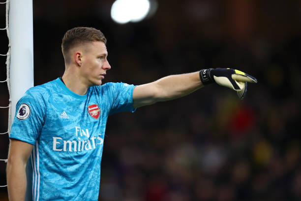 NORWICH, ENGLAND - DECEMBER 01: Bernd Leno of Arsenal reacts during the Premier League match between Norwich City and Arsenal FC at Carrow Road on December 01, 2019 in Norwich, United Kingdom. (Photo by Julian Finney/Getty Images)