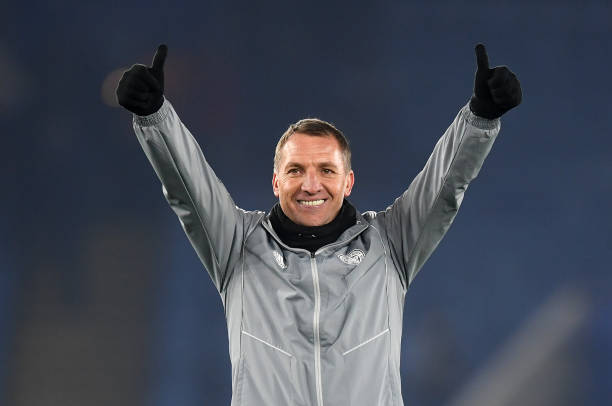 LEICESTER, ENGLAND - DECEMBER 04: Brendan Rodgers, Manager of Leicester City acknowledges the fans after the Premier League match between Leicester City and Watford FC at The King Power Stadium on December 04, 2019 in Leicester, United Kingdom. (Photo by Michael Regan/Getty Images)