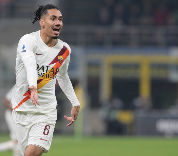 MILAN, ITALY - DECEMBER 06:  Chris Smalling of AS Roma reacts during the Serie A match between FC Internazionale and AS Roma at Stadio Giuseppe Meazza on December 6, 2019 in Milan, Italy.  (Photo by Emilio Andreoli/Getty Images)