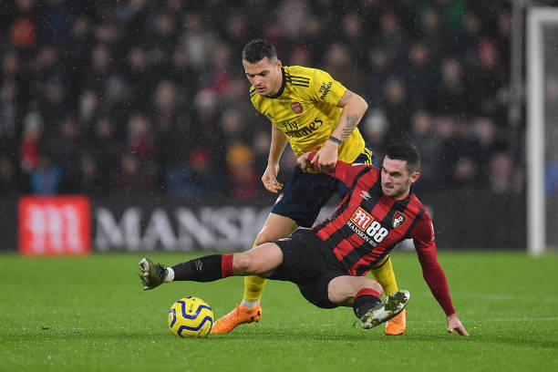 BOURNEMOUTH, ENGLAND - DECEMBER 26: Lewis Cook of AFC Bournemouth battles for possession with Granit Xhaka of Arsenal during the Premier League match between AFC Bournemouth and Arsenal FC at Vitality Stadium on December 26, 2019 in Bournemouth, United Kingdom. (Photo by Justin Setterfield/Getty Images)