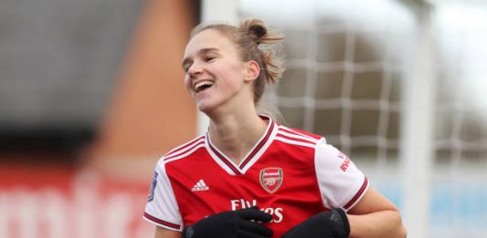 BOREHAMWOOD, ENGLAND - DECEMBER 01: Vivianne Miedema of Arsenal celebrates after scoring her sides fifth goal during the Barclays FA Women's Super League match between Arsenal and Bristol City at Meadow Park on December 01, 2019 in Borehamwood, United Kingdom. (Photo by Kate McShane/Getty Images)