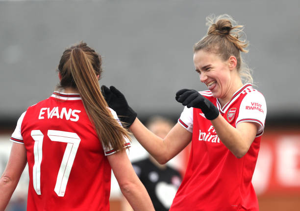 BOREHAMWOOD, ENGLAND - DECEMBER 01: Vivianne Miedema of Arsenal celebrates with Lisa Evans of Arsenal after scoring her sides fifth goal during the Barclays FA Women's Super League match between Arsenal and Bristol City at Meadow Park on December 01, 2019 in Borehamwood, United Kingdom. (Photo by Kate McShane/Getty Images)
