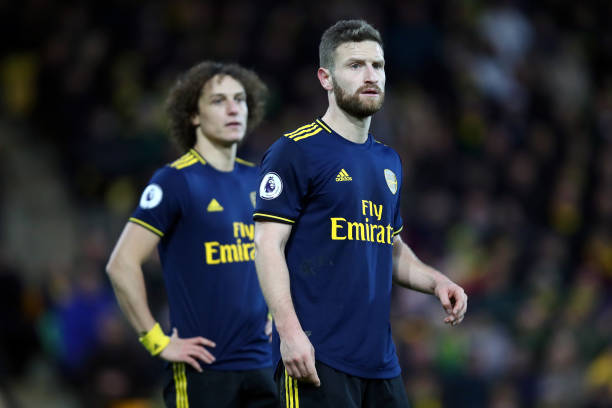 NORWICH, ENGLAND - DECEMBER 01: Shkodran Mustafi of Arsenal reacts during the Premier League match between Norwich City and Arsenal FC at Carrow Road on December 01, 2019 in Norwich, United Kingdom. (Photo by Julian Finney/Getty Images)