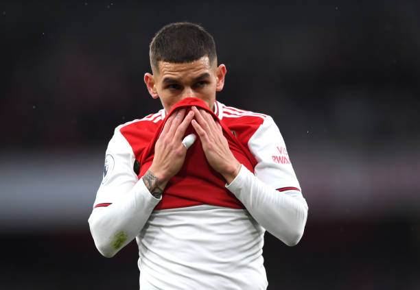 LONDON, ENGLAND - NOVEMBER 23: Lucas Torreira of Arsenal reacts during the Premier League match between Arsenal FC and Southampton FC at Emirates Stadium on November 23, 2019 in London, United Kingdom. (Photo by Shaun Botterill/Getty Images)