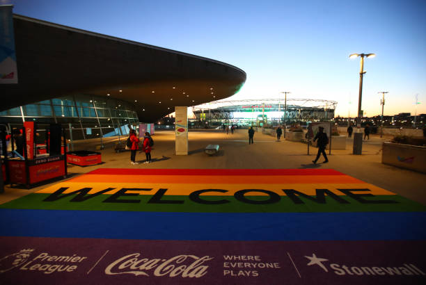 LONDON, ENGLAND - DECEMBER 09: A genearal view of Stonewall Rainbow laces branding outside the stadium prior to the Premier League match between West Ham United and Arsenal FC at London Stadium on December 09, 2019 in London, United Kingdom. (Photo by Julian Finney/Getty Images)