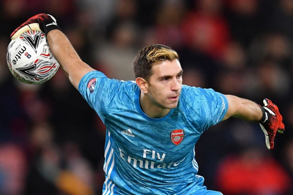 BOURNEMOUTH, ENGLAND - JANUARY 27: Emiliano Martinez of Arsenal in action during the FA Cup Fourth Round match between AFC Bournemouth and Arsenal at Vitality Stadium on January 27, 2020, in Bournemouth, England. (Photo by Justin Setterfield/Getty Images)