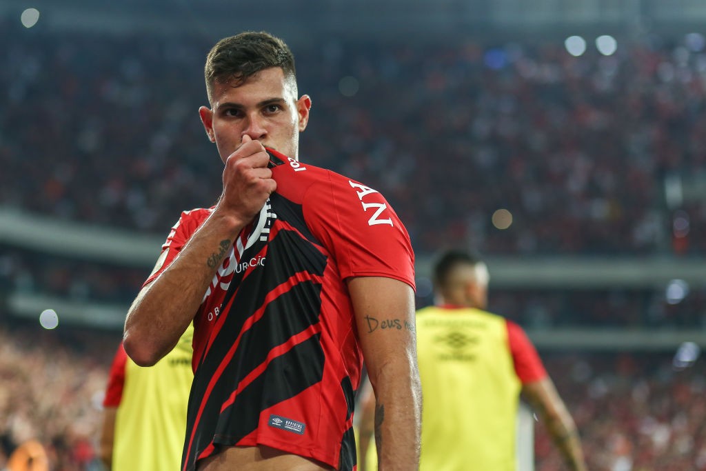 CURITIBA, BRAZIL - SEPTEMBER 11: Bruno Guimarães of Athletico PR celebrates after scoring the first goal of his team during the match Athletico PR v Internacional as part of Copa do Brasil Final, at Arena da Baixada Stadium on September 11, 2019, in Curitiba, Brazil. (Photo by Lucas Uebel/Getty Images)