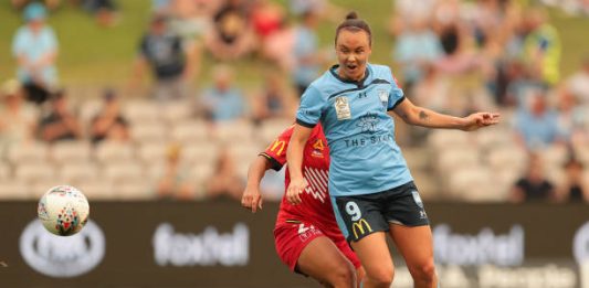 SYDNEY, AUSTRALIA - DECEMBER 29: Caitlin Foord of Sydney FC controls the ball during the round 7 W-League match between Sydney FC and Adelaide United at Jubilee Stadium on December 29, 2019 in Sydney, Australia. (Photo by Mark Metcalfe/Getty Images)