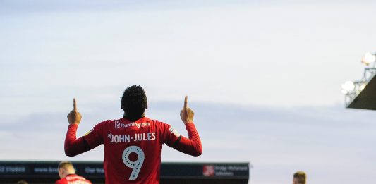 Tyreece John-Jules celebrating scoring for Lincoln City against Blackpool (Photo via Twitter)