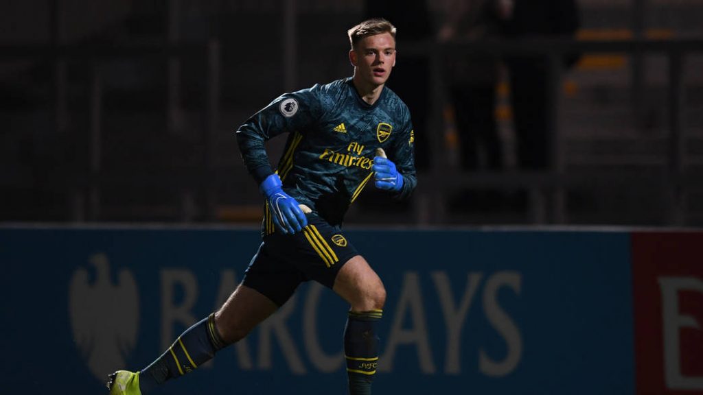 BOREHAMWOOD, ENGLAND - JANUARY 03: Karl Hein of Arsenal during the Premier League 2 game between Arsenal FC and Derby County at Meadow Park on January 03, 2020 in Borehamwood, England. (Photo by David Price/Arsenal FC via Getty Images)
