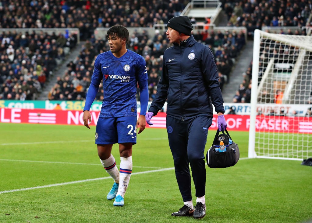NEWCASTLE UPON TYNE, ENGLAND - JANUARY 18: Reece James of Chelsea is removed from the action after getting injured during the Premier League match between Newcastle United and Chelsea FC at St. James Park on January 18, 2020, in Newcastle upon Tyne, United Kingdom. (Photo by Alex Livesey/Getty Images)