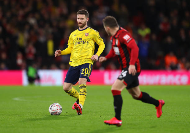 BOURNEMOUTH, ENGLAND - JANUARY 27: Shkodran Mustafi of Arsenal runs with the ball during the FA Cup Fourth Round match between AFC Bournemouth and Arsenal at Vitality Stadium on January 27, 2020 in Bournemouth, England. (Photo by Warren Little/Getty Images)