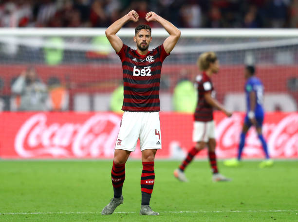 DOHA, QATAR - DECEMBER 17: Pablo Mari of CR Flamengo celebrates victory after the FIFA Club World Cup semi-final match between CR Flamengo and Al Hilal FC at Khalifa International Stadium on December 17, 2019 in Doha, Qatar. (Photo by Francois Nel/Getty Images)