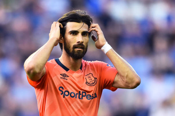 Andre Gomes of Everton looks on during the Pre-Season Friendly match between Wigan Athletic and Everton at DW Stadium on July 24, 2019 in Wigan, England.