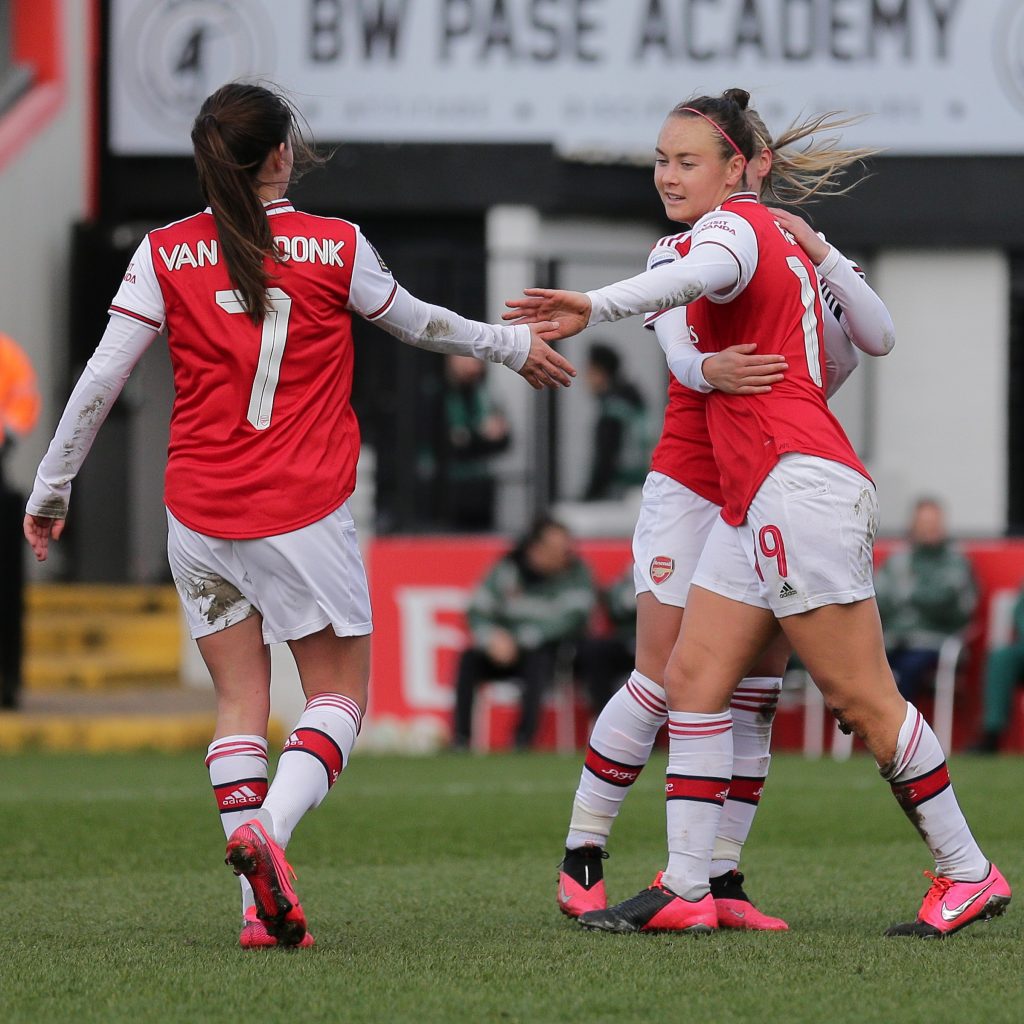 Caitlin Foord and Danielle van de Donk of Arsenal Women during the FA Cup match vs Lewes FC Women