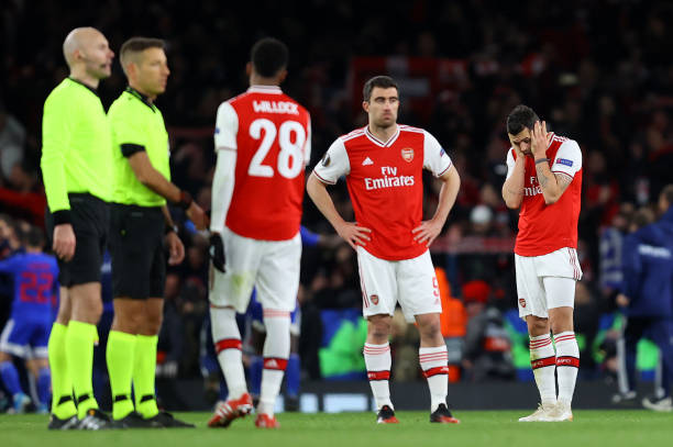 Granit Xhaka of Arsenal FC looks on dejected after his side concede their second goal during the UEFA Europa League round of 32 second leg match between Arsenal FC and Olympiacos FC at Emirates Stadium on February 27, 2020 in London, United Kingdom.