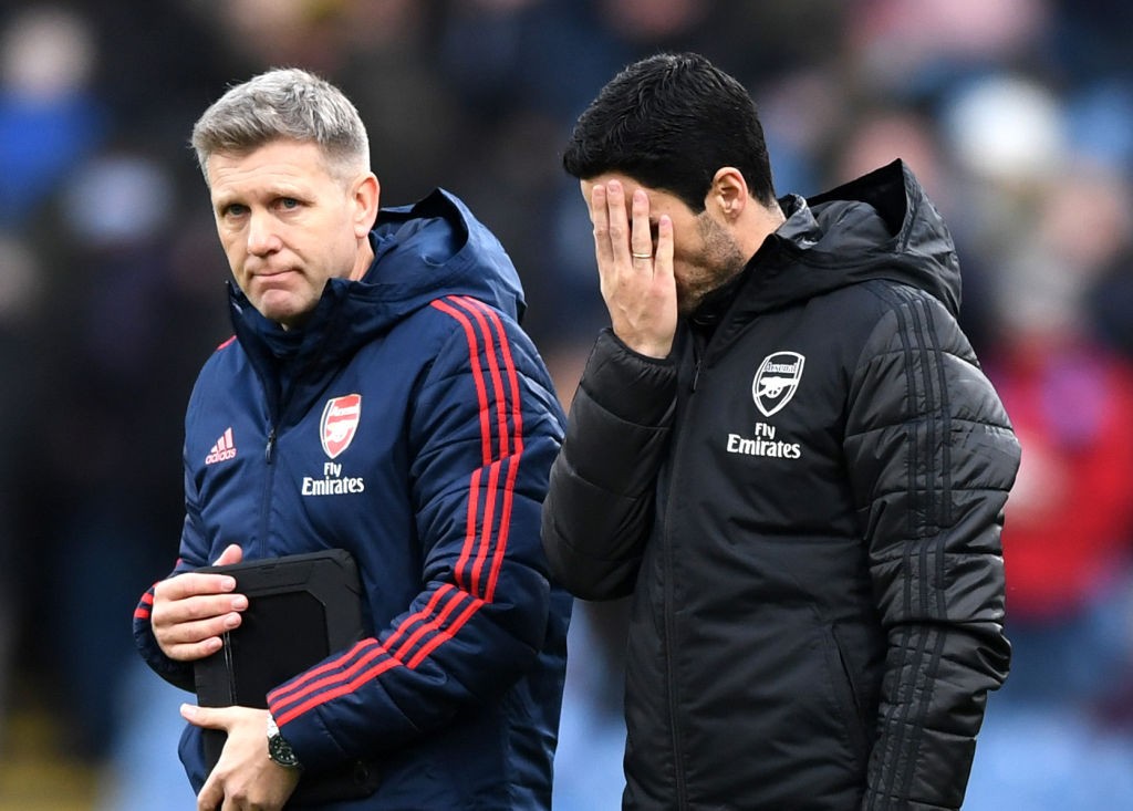 BURNLEY, ENGLAND - FEBRUARY 02: Mikel Arteta, Manager of Arsenal reacts as he walks off after the Premier League match between Burnley FC and Arsenal FC at Turf Moor on February 02, 2020, in Burnley, United Kingdom. (Photo by Gareth Copley/Getty Images)