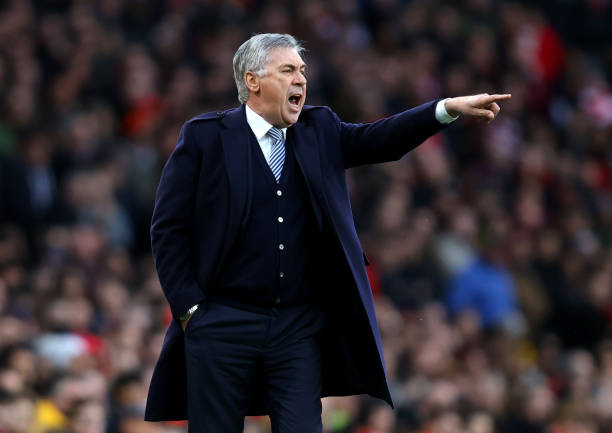 Carlo Ancelotti, Manager of Everton shouts instructions during the Premier League match between Arsenal FC and Everton FC at Emirates Stadium on February 23, 2020 in London, United Kingdom.