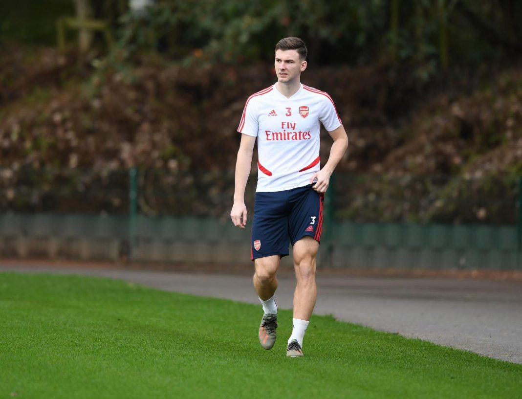 Kieran Tierney back in training with Arsenal (Photo via Twitter)