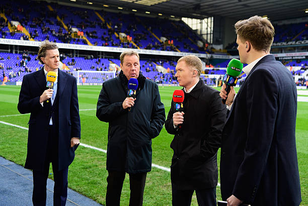 BT Sport commentators (L-R) Steve McManaman, Harry Redknapp, Paul Scholes and Jake Humphrey talk prior to the Barclays Premier League match between Tottenham Hotspur and Chelsea at White Hart Lane on November 29, 2015 in London, England. 